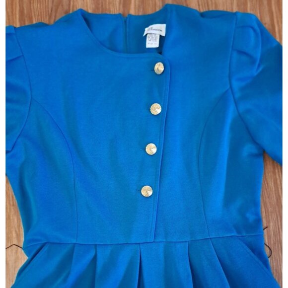 Vintage NEW Darian Dress TEAL Blue Knit 1980s Career Gold Button Pockets 18 - Picture 2 of 11